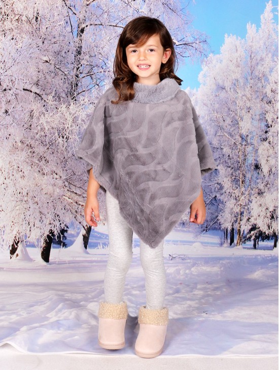 Kids Soft Faux Fur Poncho W/  Wave Pattern and Faux Fur Neckline (3-7 Years Old) 